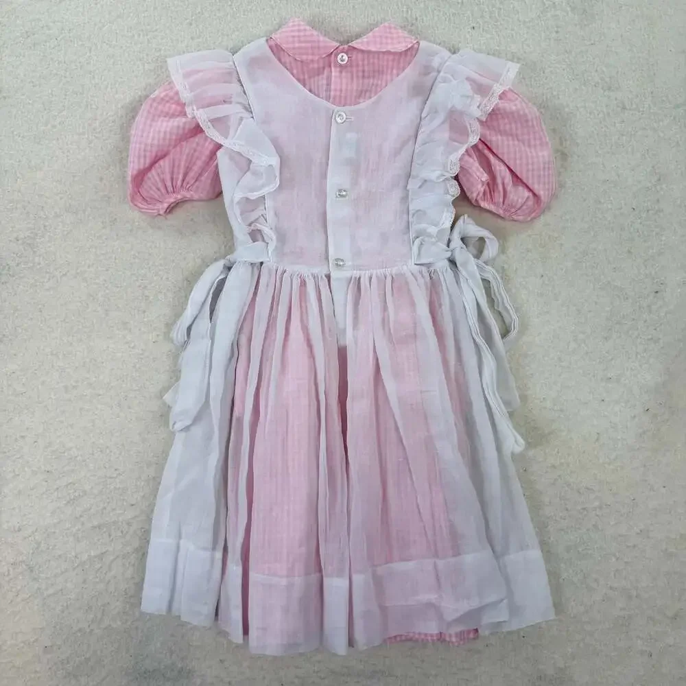 Vintage 1970's Pink Gingham Pinafore Apron Peter Pan Collar Prairie Dress 5T
